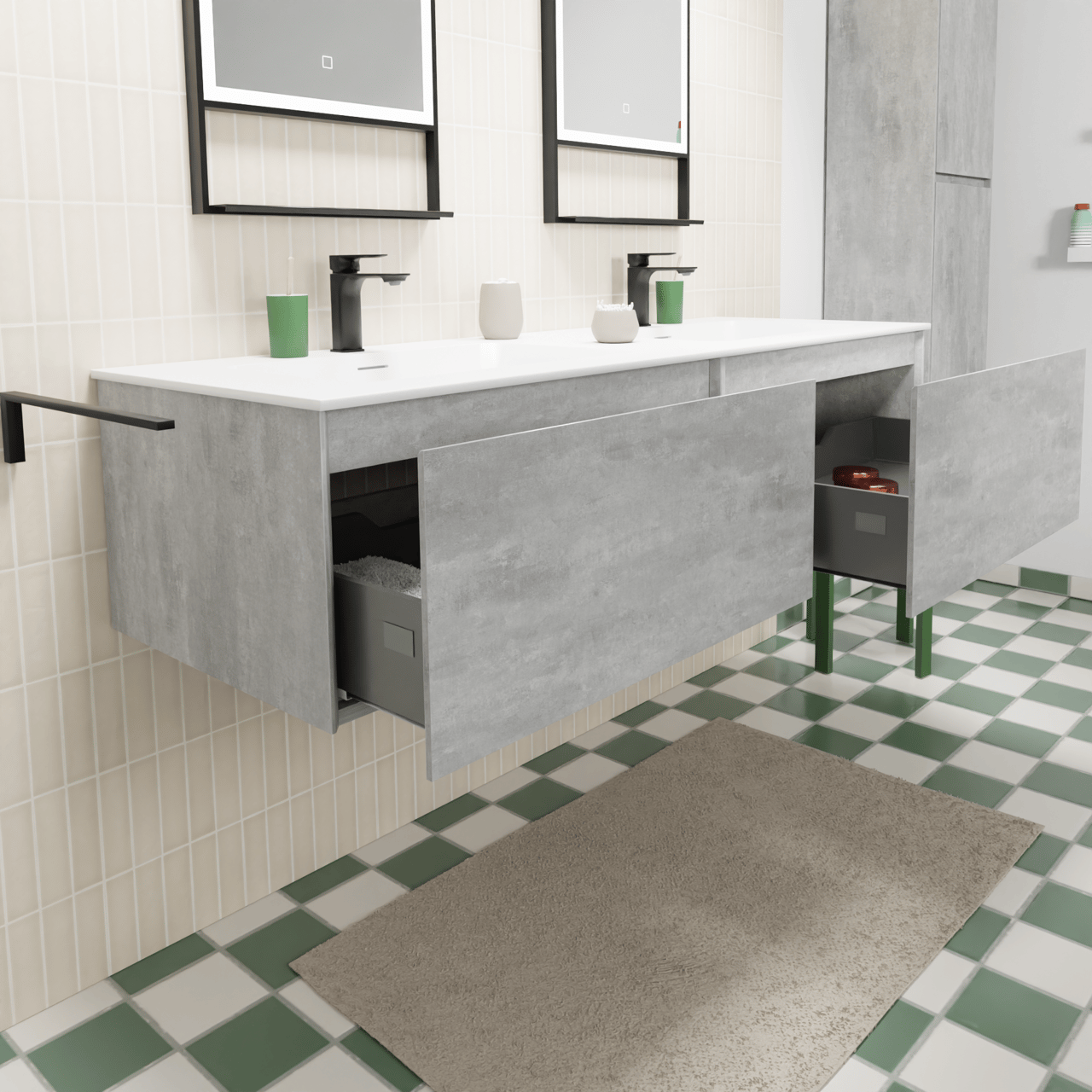 Storke Edge zwevend badmeubel 150 x 52 cm beton donkergrijs met Mata dubbele wastafel in solid surface mat wit