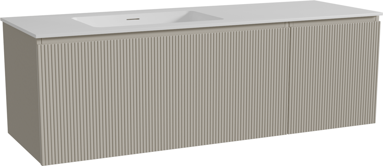 Storke Ribs hängendes Möbelstück Set: 150 x 52 cm, Seidengrau, mit Mata Waschtisch links, Solid Surface, Weiß matt, Vertikale symmetrische gerade Rippe