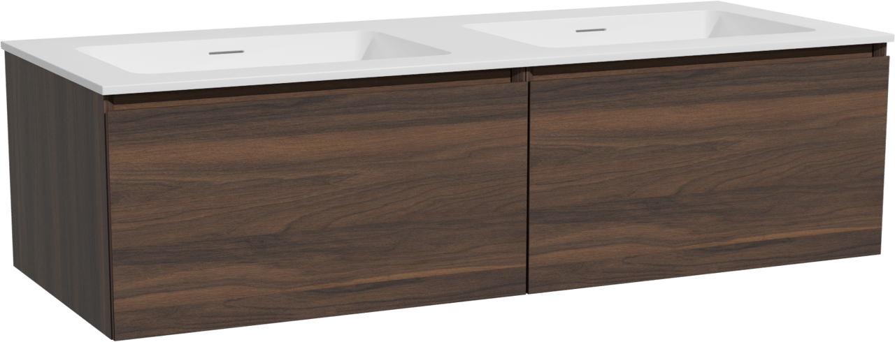 Storke Edge zwevend badkamermeubel 130 x 52 cm notelaar met Mata dubbele wastafel in solid surface mat wit