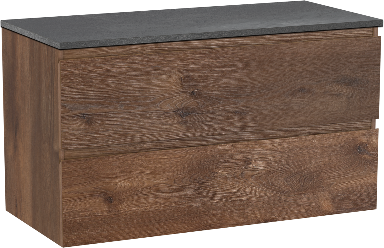 Linie Lado zwevend badkamermeubel 100 x 46 cm bruine eik met Lado enkel of dubbel tablet in melamine leisteen grijs