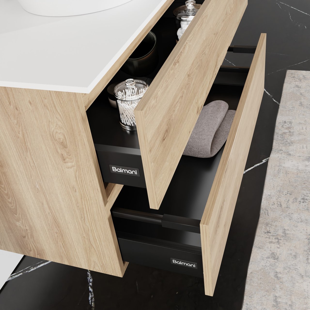 Balmani Lucida meuble salle de bains suspendu 90 x 55 cm chêne brut avec Stretto tablette simple en solid surface blanc mat