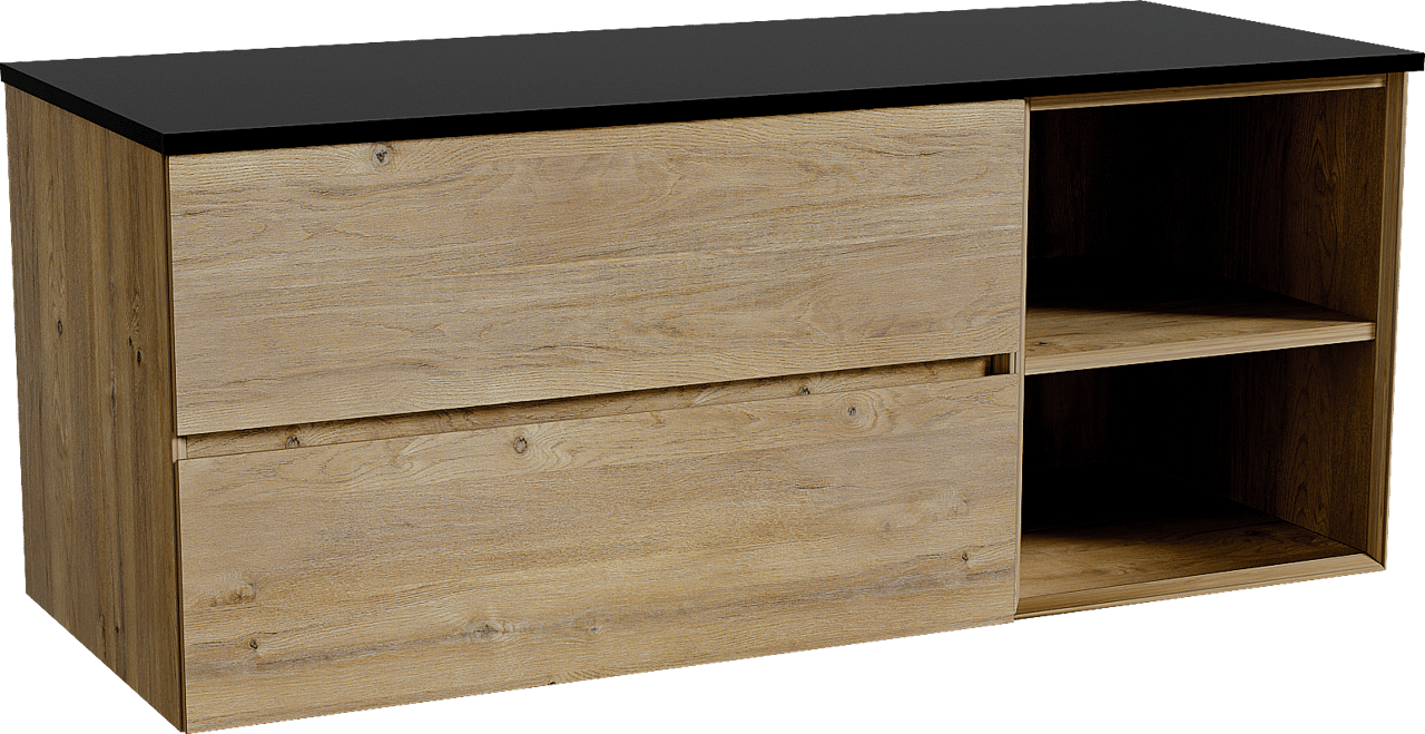 Storke Edge zwevend badkamermeubel 130 x 52 cm ruwe eik met Panton enkel of dubbel tablet in gepoedercoate mdf mat zwart