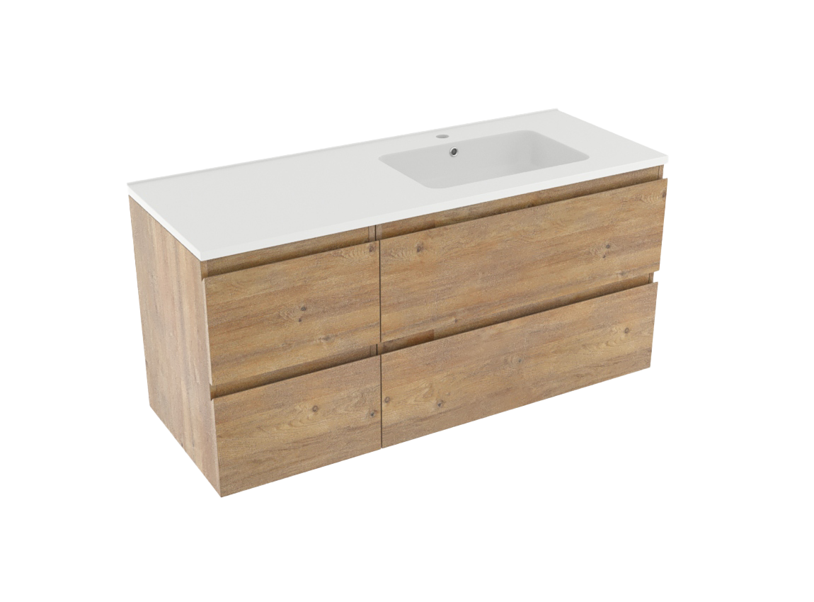 Linie Lado zwevend badkamermeubel 120 x 46 cm natuur eik met Vano asymmetrisch rechtse wastafel in composietmarmer mat wit