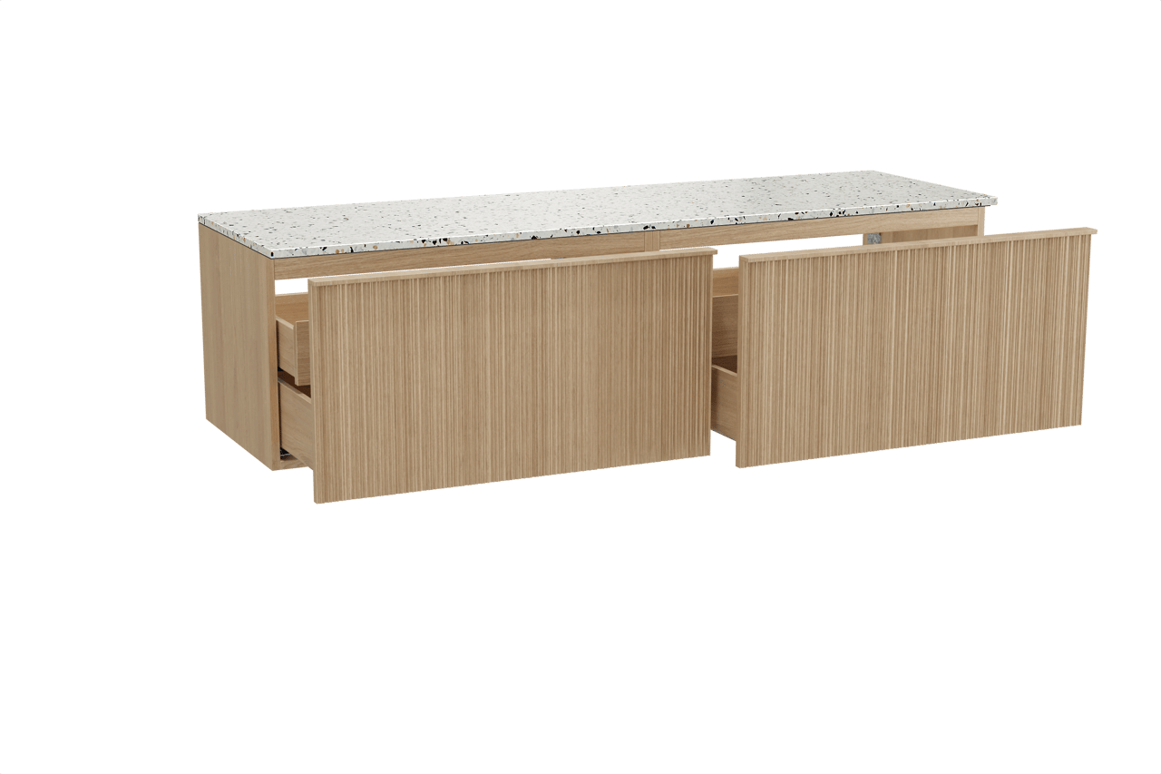 Balmani Forma zwevend badkamermeubel 180 x 55 cm natuur eik met Stretto enkel of dubbel tablet in mat wit/zwart terrazzo, Verticale asymmetrische ronde ribbel