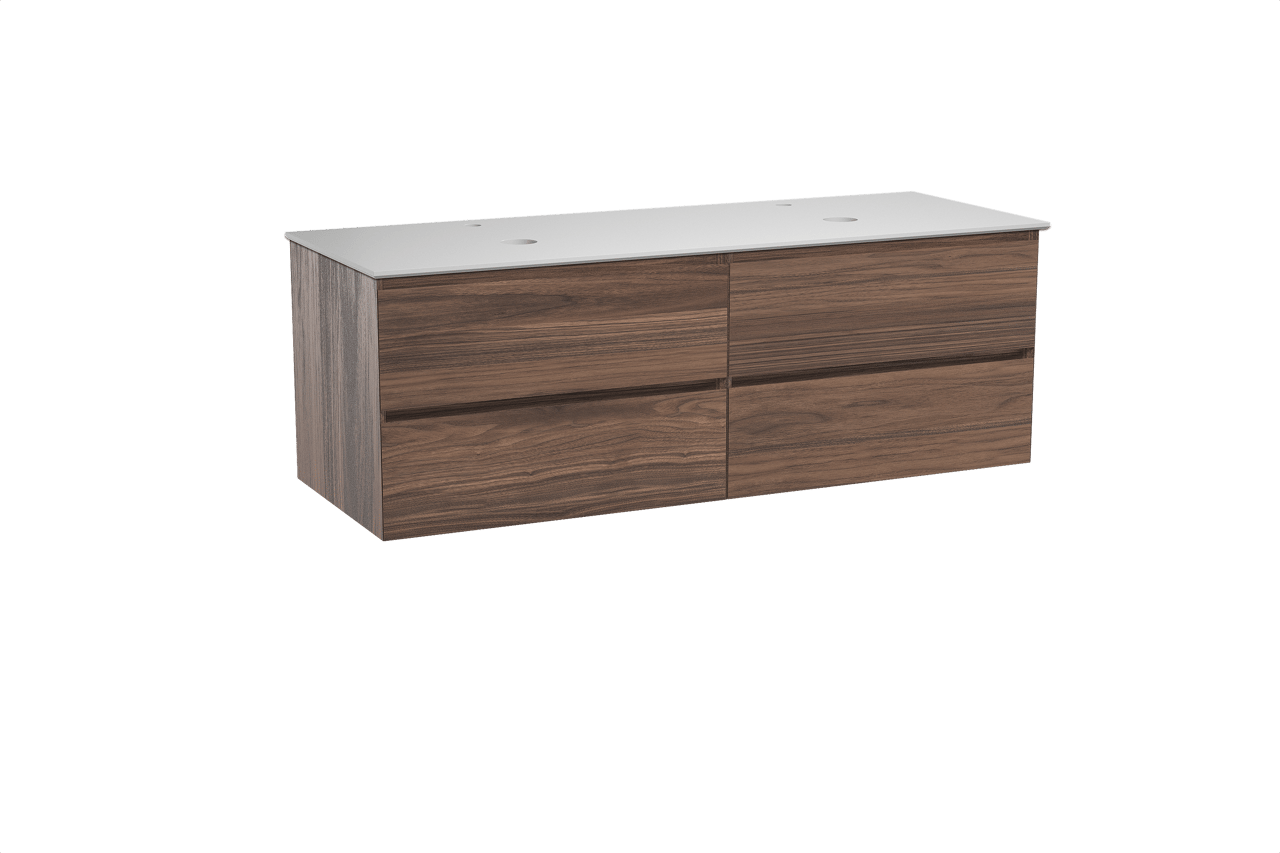 Balmani Mitra hängendes Möbelstück Set: 150 x 55 cm, Nussbaum, mit Facetta Doppel Waschtischplatte, Solid Surface Weiß matt