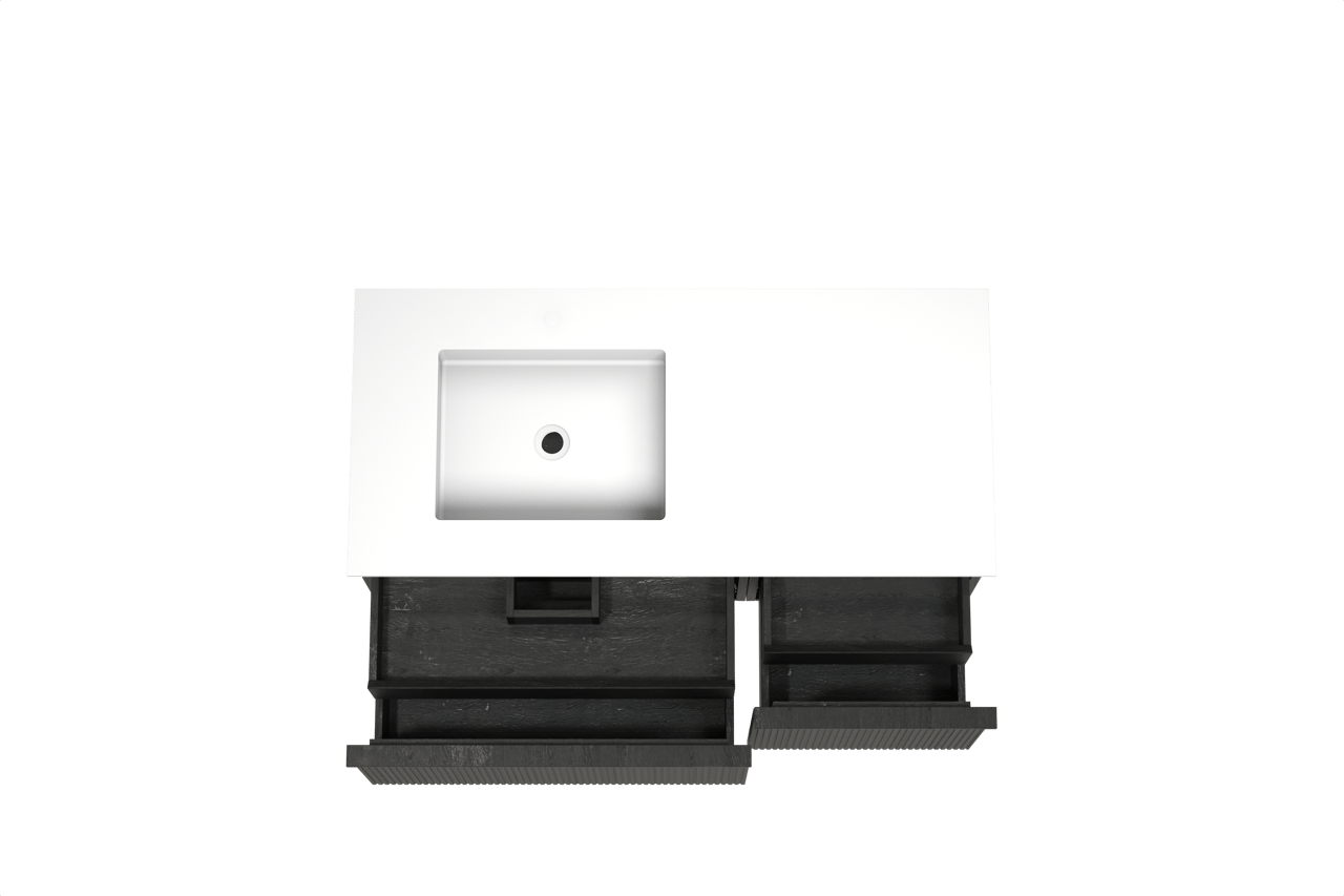 Balmani Forma hängendes Möbelstück Set: 120 x 55 cm, Schwarze Eiche, mit Tablo Stretto Waschtisch links, Solid Surface, Weiß matt, Vertikale symmetrische gerade Rippe