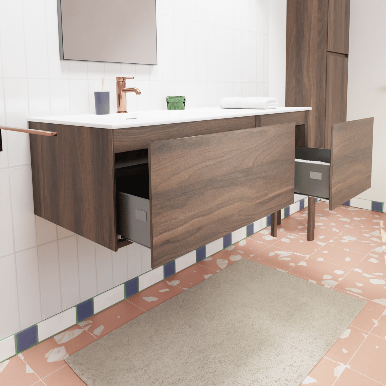 Storke Edge hängendes Möbelstück Set: 120 x 52 cm, Nussbaum, mit Mata Waschtisch links, Solid Surface Weiß matt