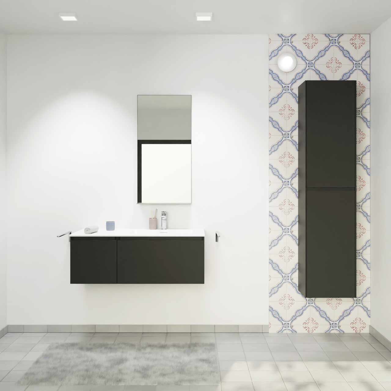 Storke Edge zwevend badkamermeubel 100 x 52 cm mat zwart met Mata asymmetrisch rechtse wastafel in solid surface mat wit