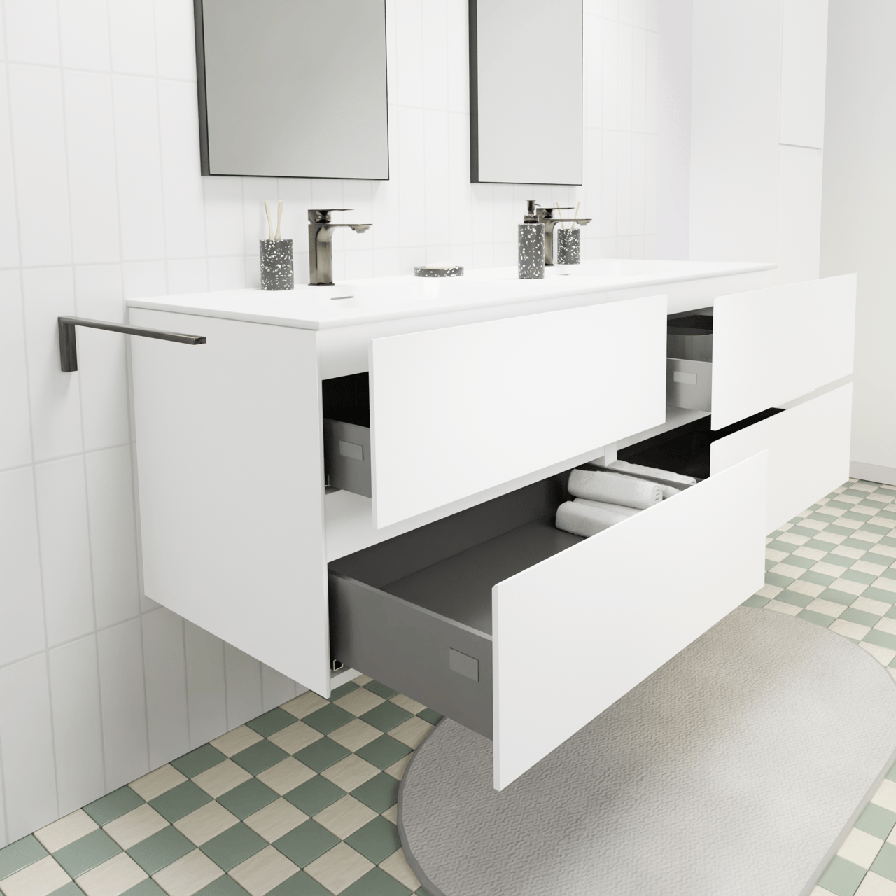 Storke Edge meuble salle de bains suspendu 150 x 52 cm blanc mat avec Mata double vasque en solid surface blanc mat