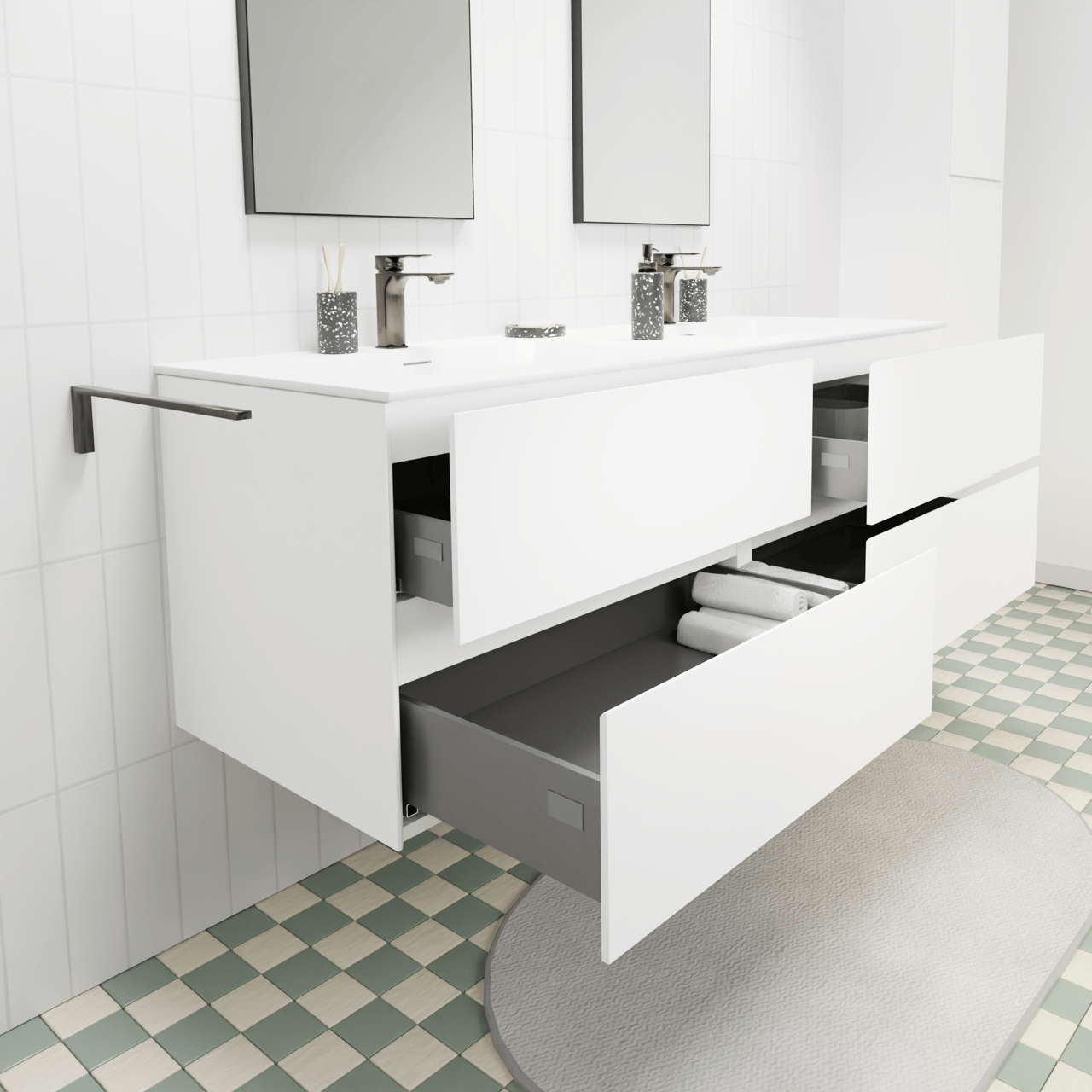 Storke Edge zwevend badmeubel 150 x 52 cm mat wit met Mata dubbele wastafel in solid surface mat wit