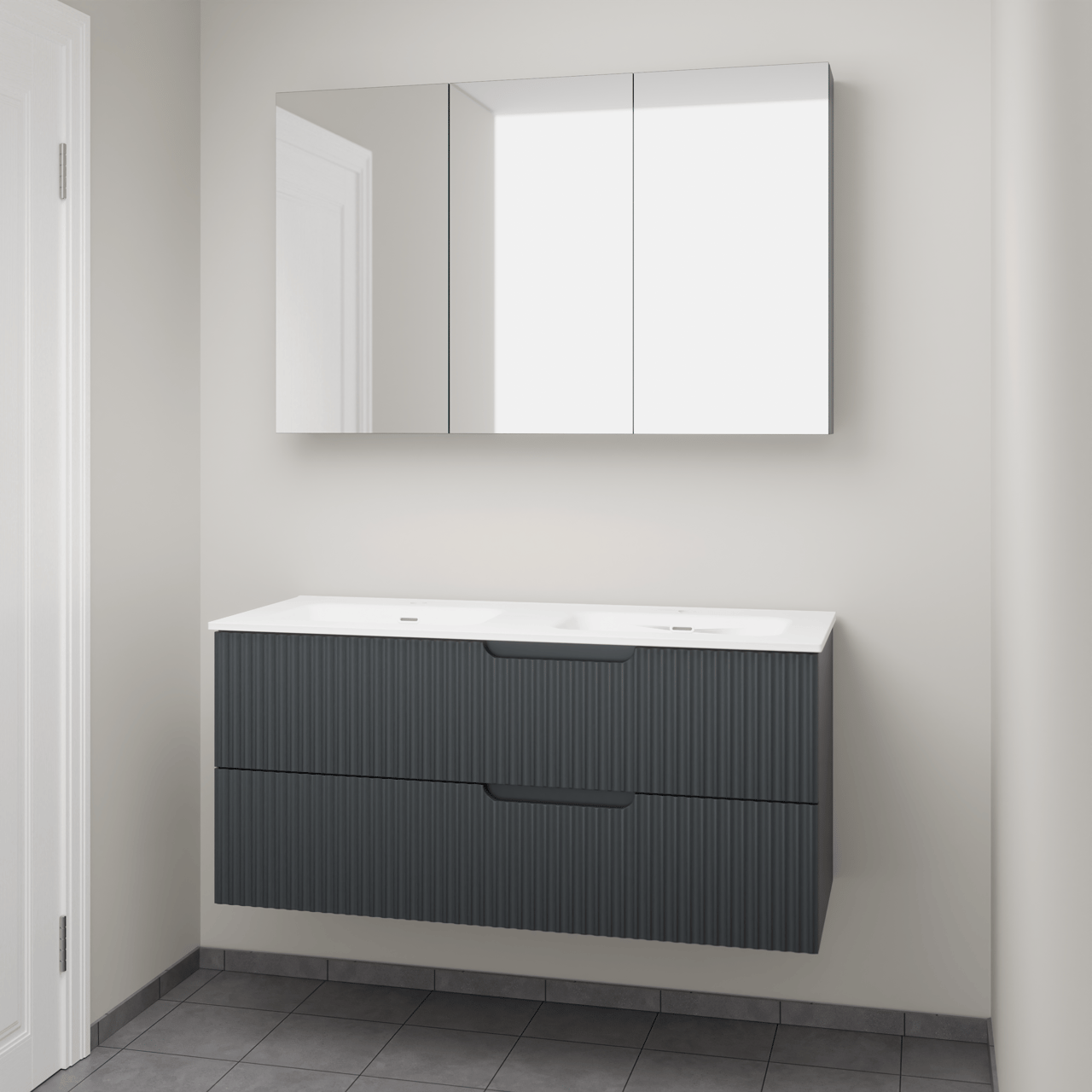 Linie Ribbo meuble salle de bains suspendu 120 x 46 cm bleu anthracite avec Baro double vasque en porcelaine blanc brillant, Nervure circulaire symétrique verticale et Montro armoire de toilette
