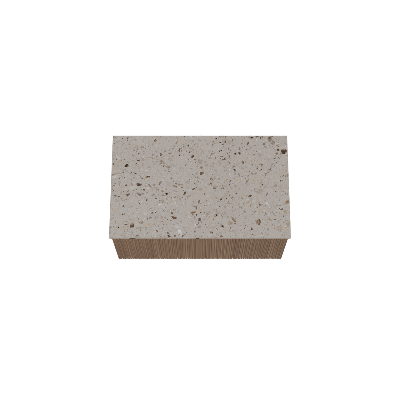 Balmani Forma hängendes Möbelstück Set: 90 x 55 cm, Amerikanischer Nussbaum, mit Stretto Einzel Waschtischplatte, Terrazzo in Greige, Vertikale asymmetrische Runde Rippe