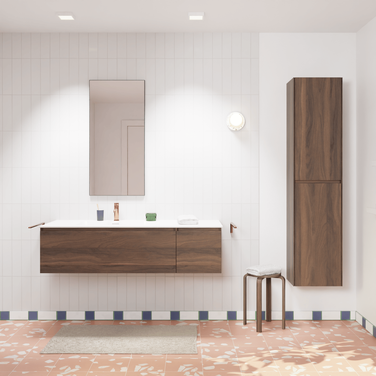 Storke Edge hängendes Möbelstück Set: 140 x 52 cm, Nussbaum, mit Mata Waschtisch links, Solid Surface Weiß matt