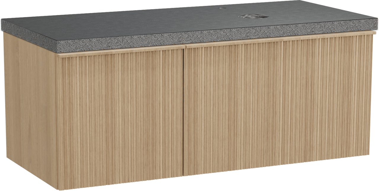 Balmani Forma hängendes Möbelstück Set: 120 x 55 cm, Naturbelassene Eiche, mit Rock Waschtisch rechts, Granit, Schwarzes Granit, Vertikale asymmetrische Runde Rippe