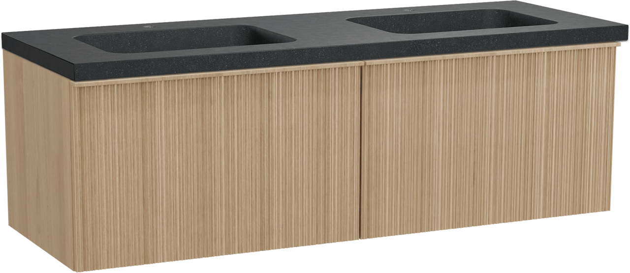 Balmani Forma zwevend badmeubel 150 x 55 cm naturel eiken met Napoli dubbele wastafel in zwart graniet, Verticale asymmetrische ronde ribbel
