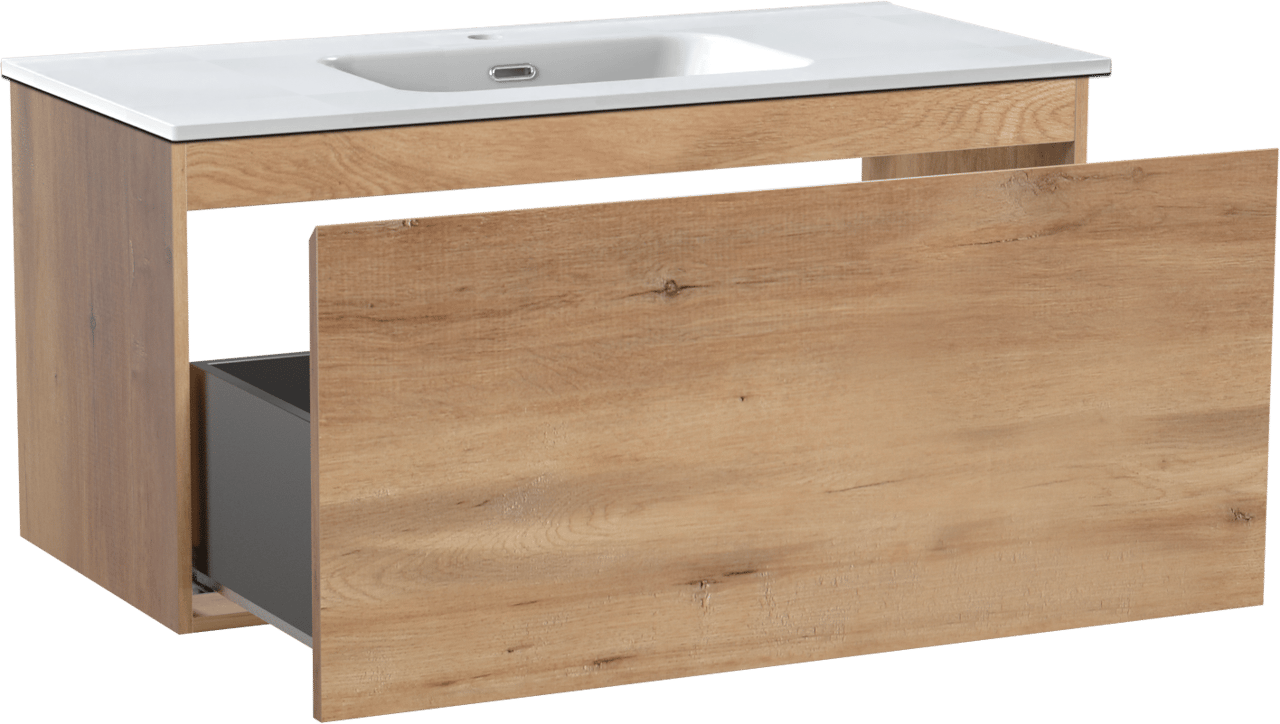 Linie Lado hängendes Möbelstück Set: 100 x 46 cm, Naturbelassene Eiche, mit Baro Einzelwaschtisch, Porzellan Weiß glänzend