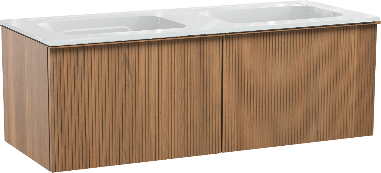 Balmani Forma zwevend badkamermeubel 135 x 55 cm teak met Tablo Strada dubbele wastafel in composietmarmer glanzend wit, Verticale symmetrische rechte ribbel