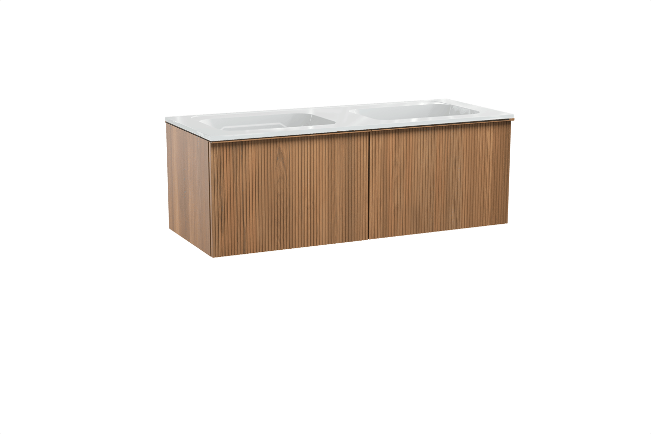 Balmani Forma meuble salle de bains suspendu 135 x 55 cm teck avec Tablo Strada double vasque en marbre composite blanc brillant, Nervure droite symétrique verticale