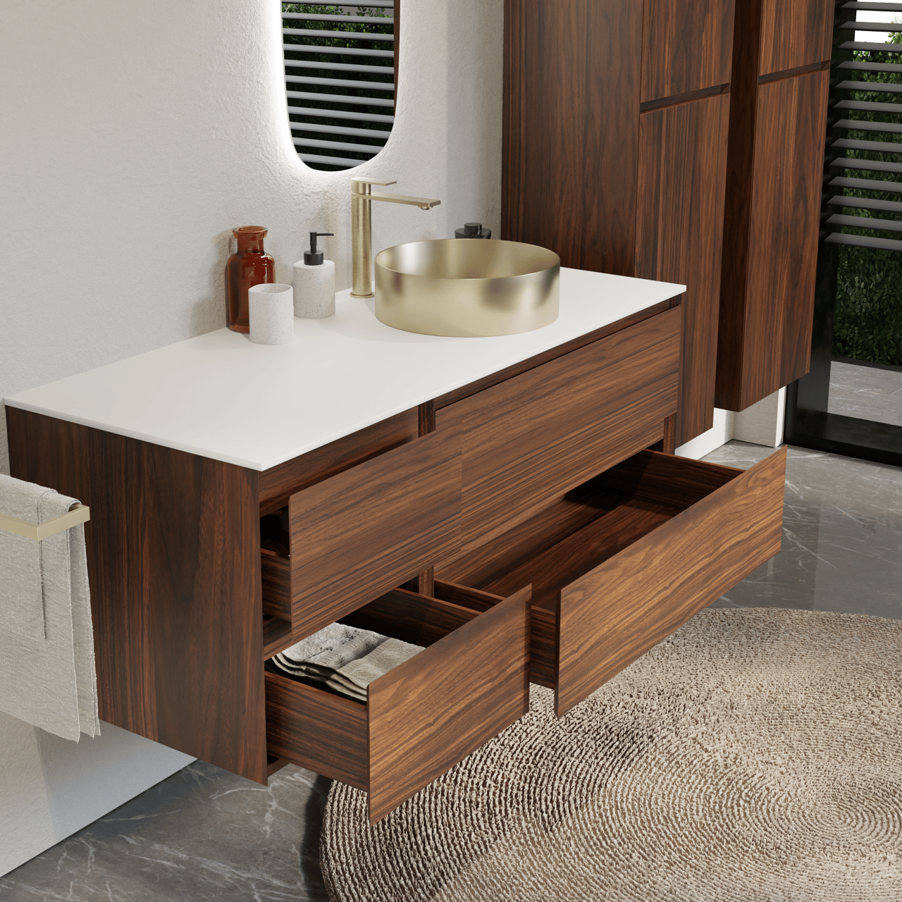 Balmani Mitra meuble salle de bains suspendu 135 x 55 cm noyer avec Stretto tablette simple ou double en solid surface blanc mat