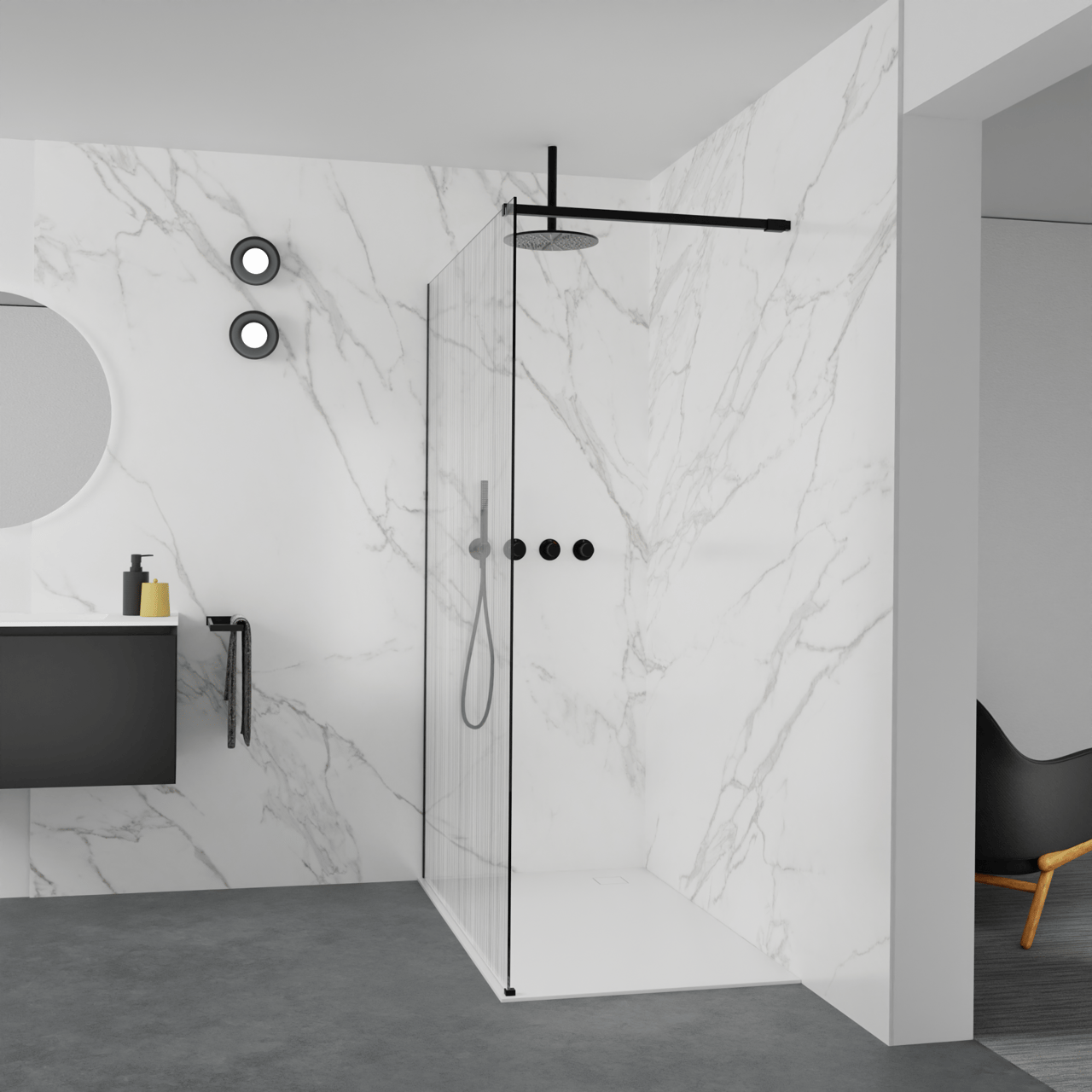 Balmani Modular Walk-In Dusche: 140 x 200 cm, Mikado, Profil Schwarz matt