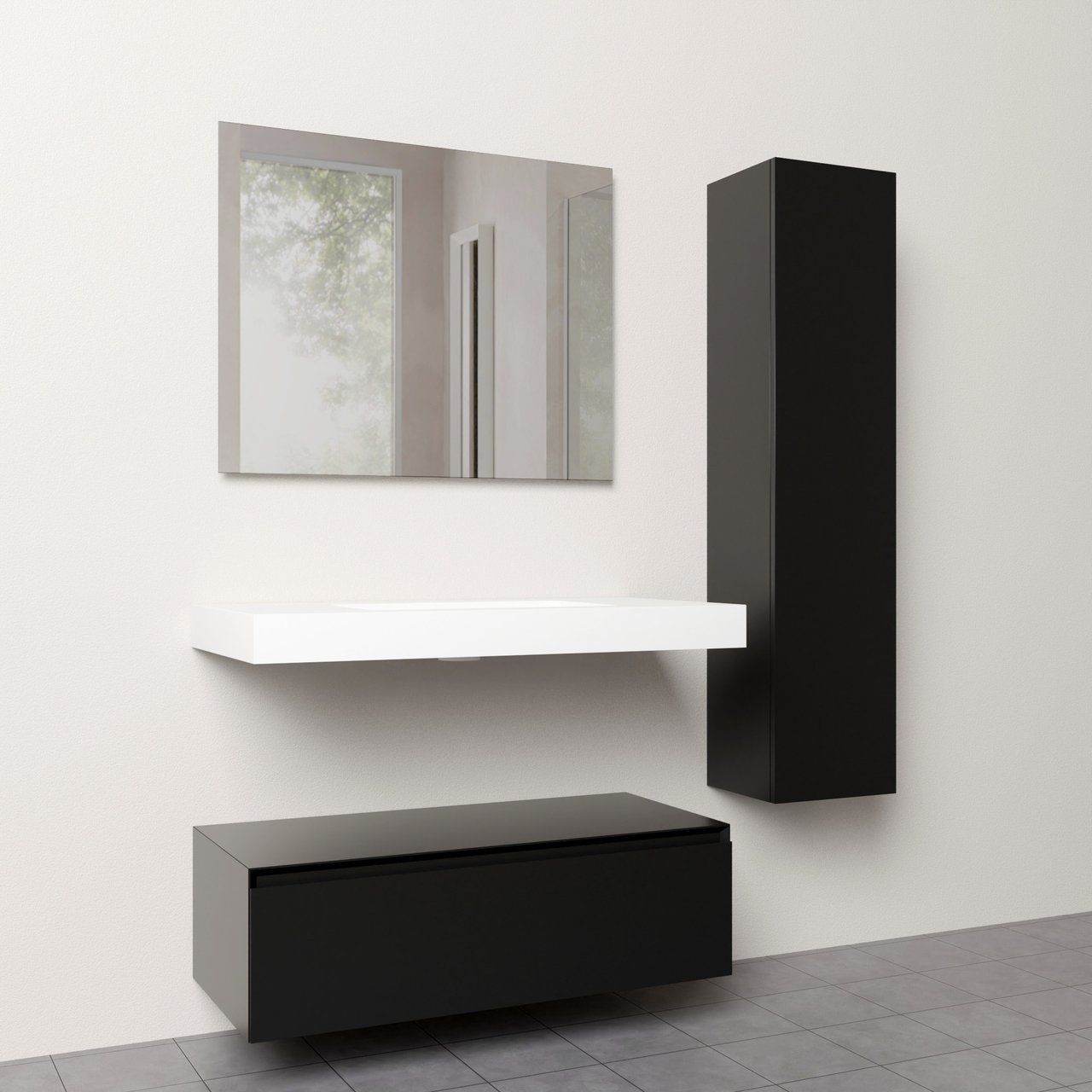 Storke Edge Modulo zwevend badkamermeubel 105 x 52 cm mat zwart met Mata High enkele wastafel in solid surface mat wit, Soto badkamerspiegel en Edge Modulo badkamerkast