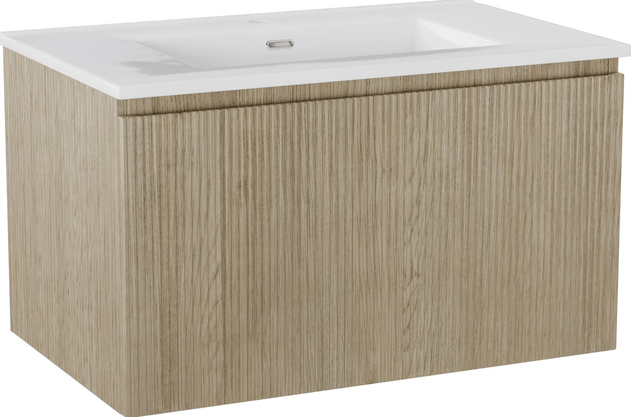 Storke Ribs meuble salle de bains suspendu 85 x 52 cm chêne brut avec Kera plan simple en céramique blanc brillant