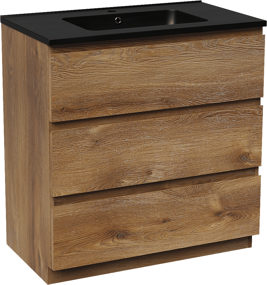 Linie Lado freistehendes Möbelstück Set: 80 x 46 cm, Braune Eiche, mit Vano Einzelwaschtisch, Marmorkomposit Schwarz matt