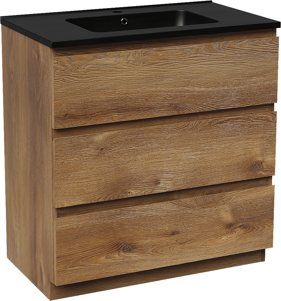 Linie Lado meuble salle de bains à poser 80 x 46 cm chêne brun avec Vano plan simple en marbre composite noir mat