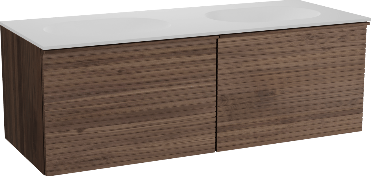 Balmani Forma zwevend badkamermeubel 135 x 55 cm amerikaanse notelaar met Tablo Oval dubbele wastafel in solid surface mat wit, Horizontale symmetrische rechte ribbel