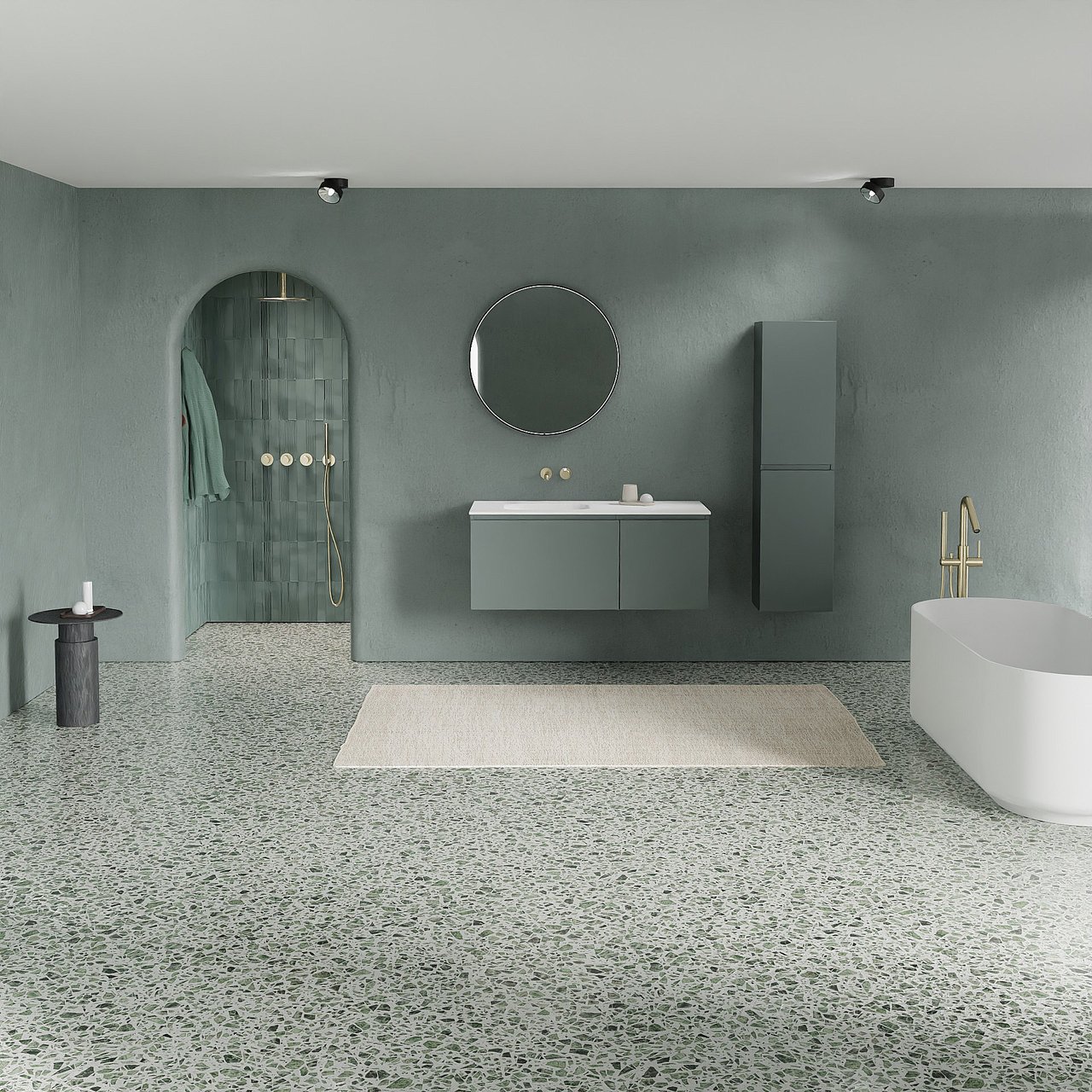 Balmani Sfera meuble salle de bains suspendu 120 x 55 cm forest avec Tablo Arcato plan vasque asymétrique à gauche en solid surface blanc mat