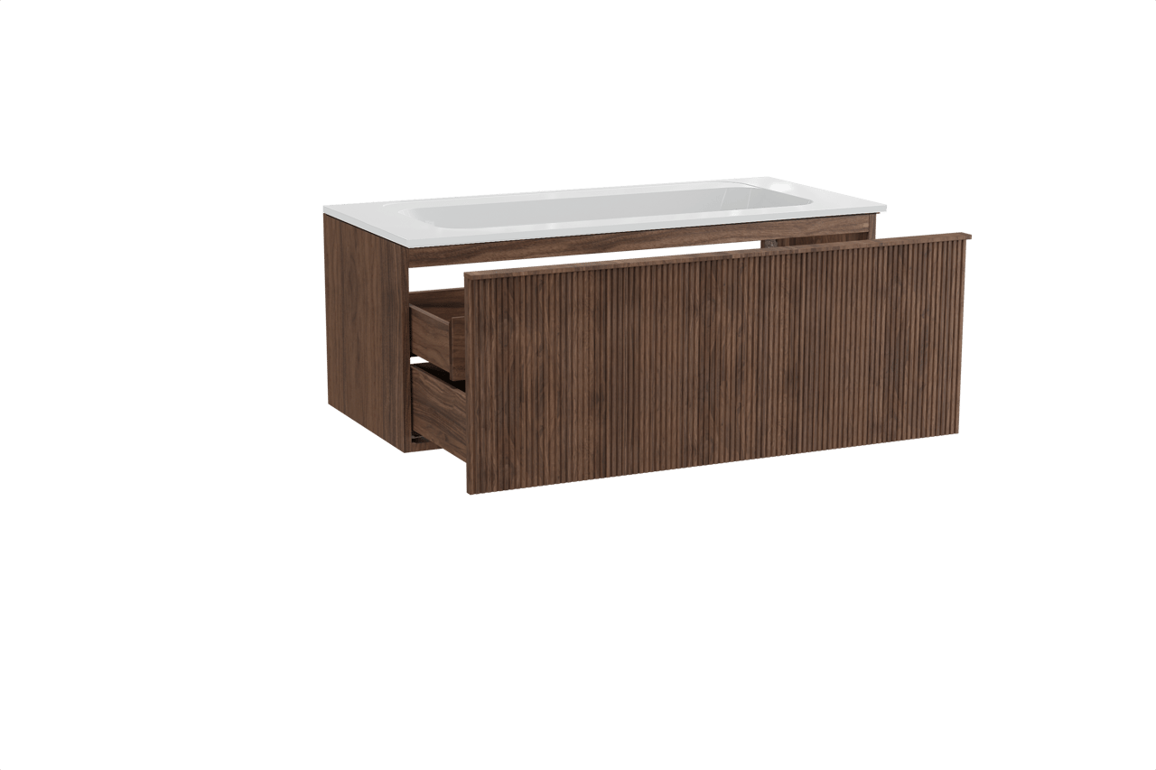 Balmani Forma meuble salle de bains suspendu 120 x 55 cm noyer américain avec Tablo Strada plan simple en marbre composite blanc brillant, Nervure droite symétrique verticale