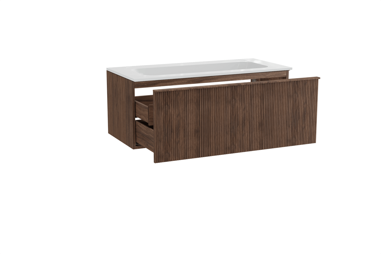 Balmani Forma meuble salle de bains suspendu 120 x 55 cm noyer américain avec Tablo Strada plan simple en marbre composite blanc brillant, Nervure droite symétrique verticale