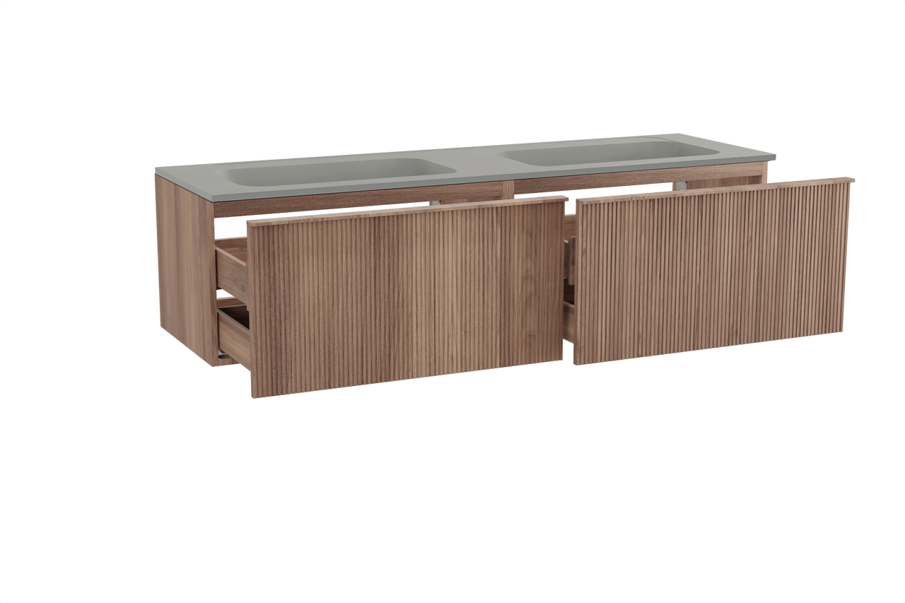 Balmani Forma hängendes Möbelstück Set: 180 x 55 cm, Teak, mit Tablo Strada Doppelwaschtisch, Marmorkomposit, Seidengrau, Vertikale symmetrische gerade Rippe