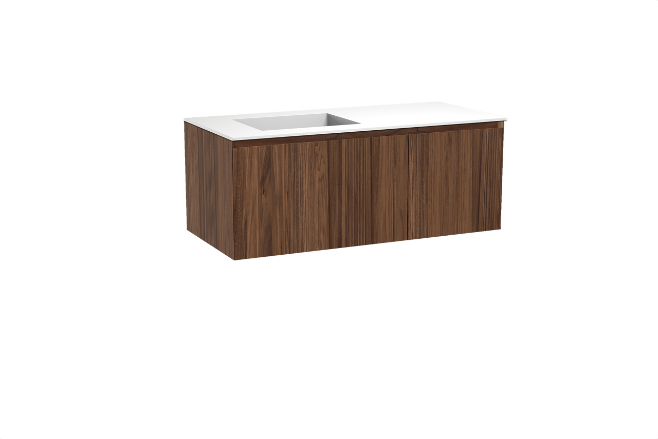 Balmani Idra hängendes Möbelstück Set: 120 x 55 cm, Nussbaum, mit Tablo Stretto Waschtisch links, Solid Surface Weiß matt