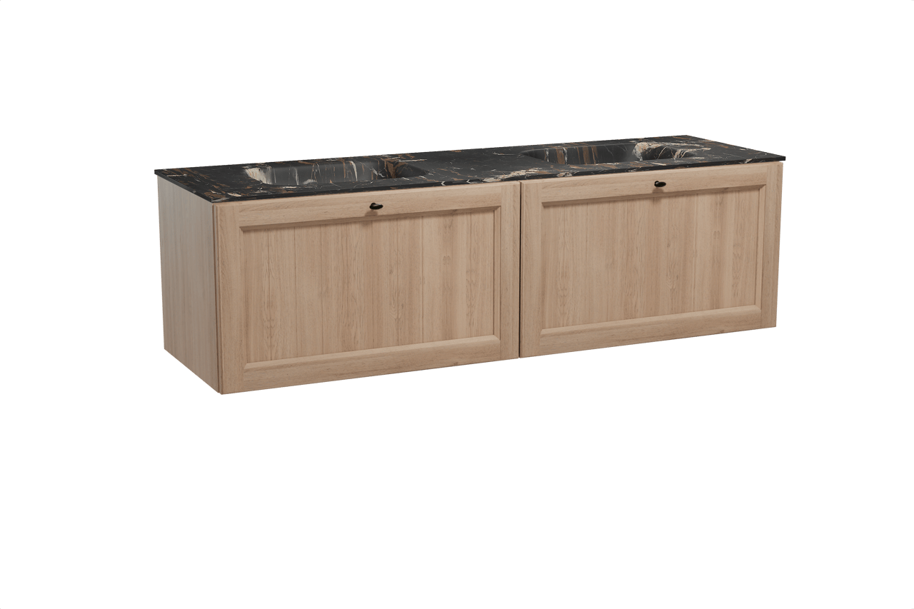 Balmani Lemon meuble salle de bains suspendu 180 x 55 cm chêne vieilli avec Tablo Arcato double vasque en marbre portoro gold