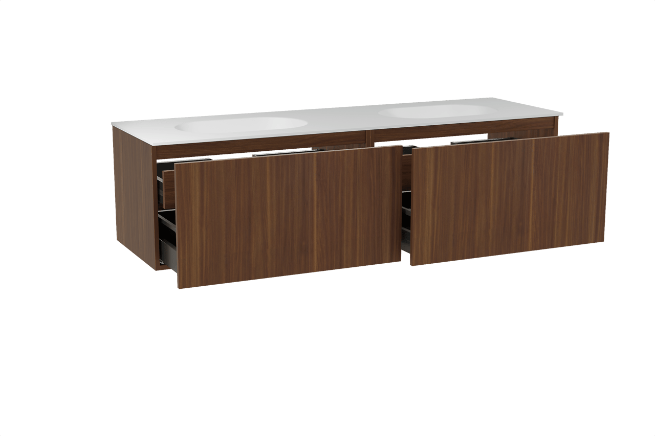 Balmani Sfera hängendes Möbelstück Set: 180 x 55 cm, Amerikanischer Nussbaum, mit Tablo Oval Doppelwaschtisch, Solid Surface Weiß matt