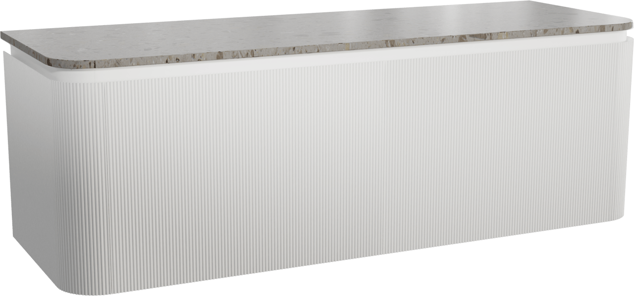 Balmani Moon hängendes Möbelstück Set: 160 x 55 cm, Weiß matt, mit Moon Einzel- oder Doppel Waschtischplatte, Terrazzo in Greige, Vertikale symmetrische gerade Rippe