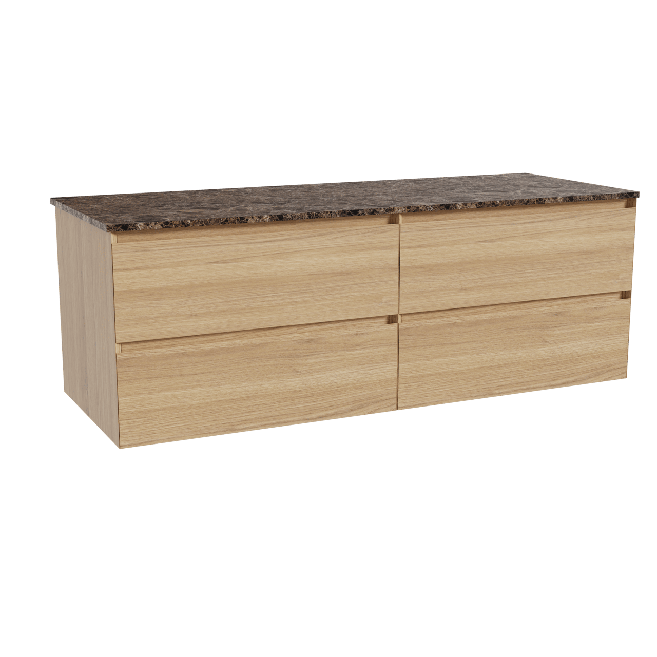 Balmani Mitra hängendes Möbelstück Set: 150 x 55 cm, Naturbelassene Eiche, mit Stretto Einzel- oder Doppel Waschtischplatte, Marmor Dark Emperador