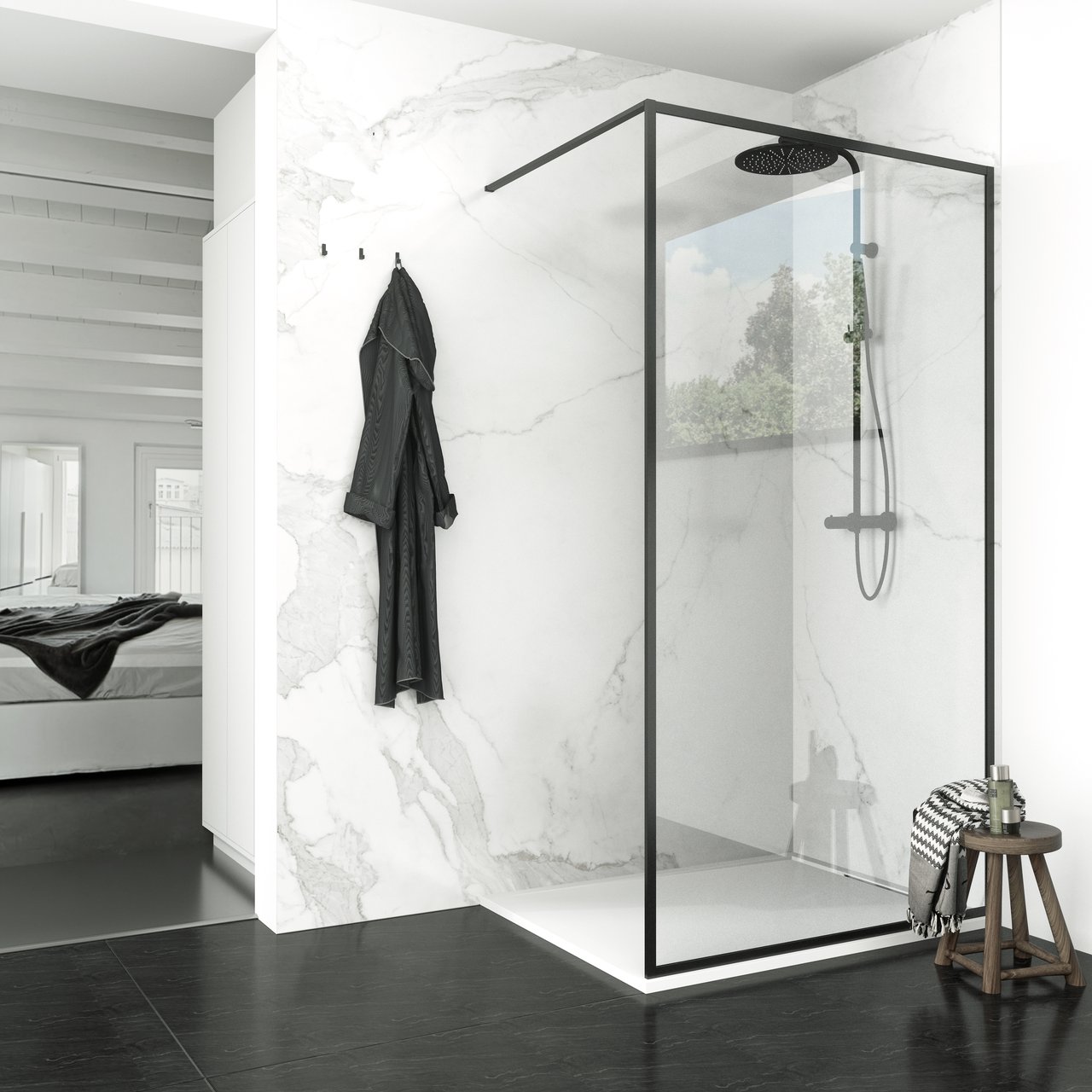 Balmani Framed Walk-In-Dusche 120 x 210 cm Klarglas matt schwarzes Profil