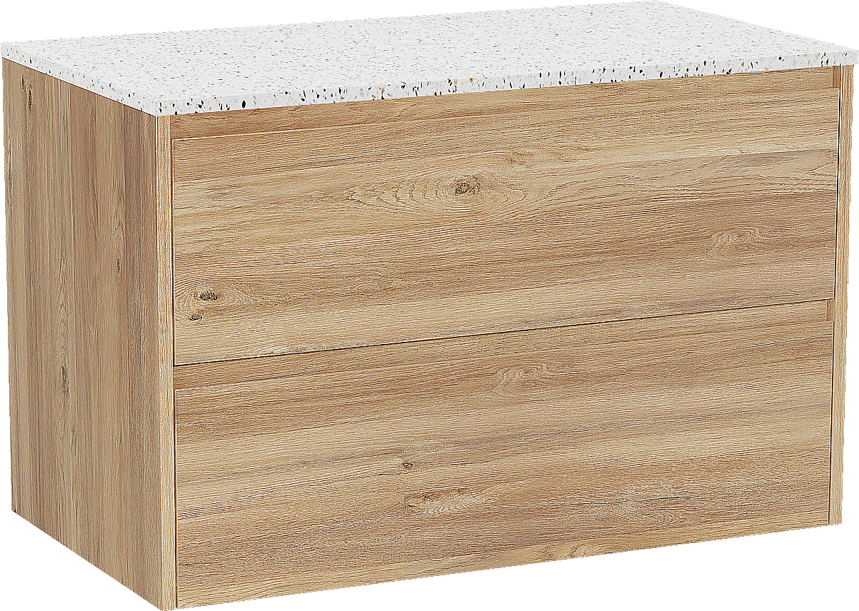 Storke Seda hängendes Möbelstück Set: 95 x 52 cm, Rohe Eiche, mit Tavola Einzel Waschtischplatte, Terrazzo in Weiß/Schwarz matt