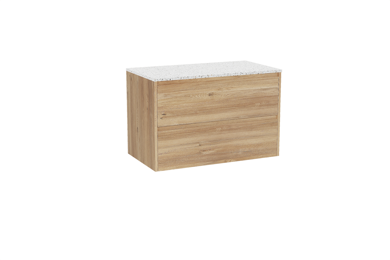 Storke Seda hängendes Möbelstück Set: 95 x 52 cm, Rohe Eiche, mit Tavola Einzel Waschtischplatte, Terrazzo in Weiß/Schwarz matt