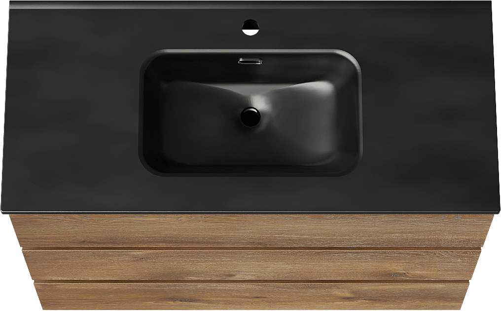 Linie Lado freistehendes Möbelstück Set: 100 x 46 cm, Braune Eiche, mit Baro Einzelwaschtisch, Porzellan Schwarz matt