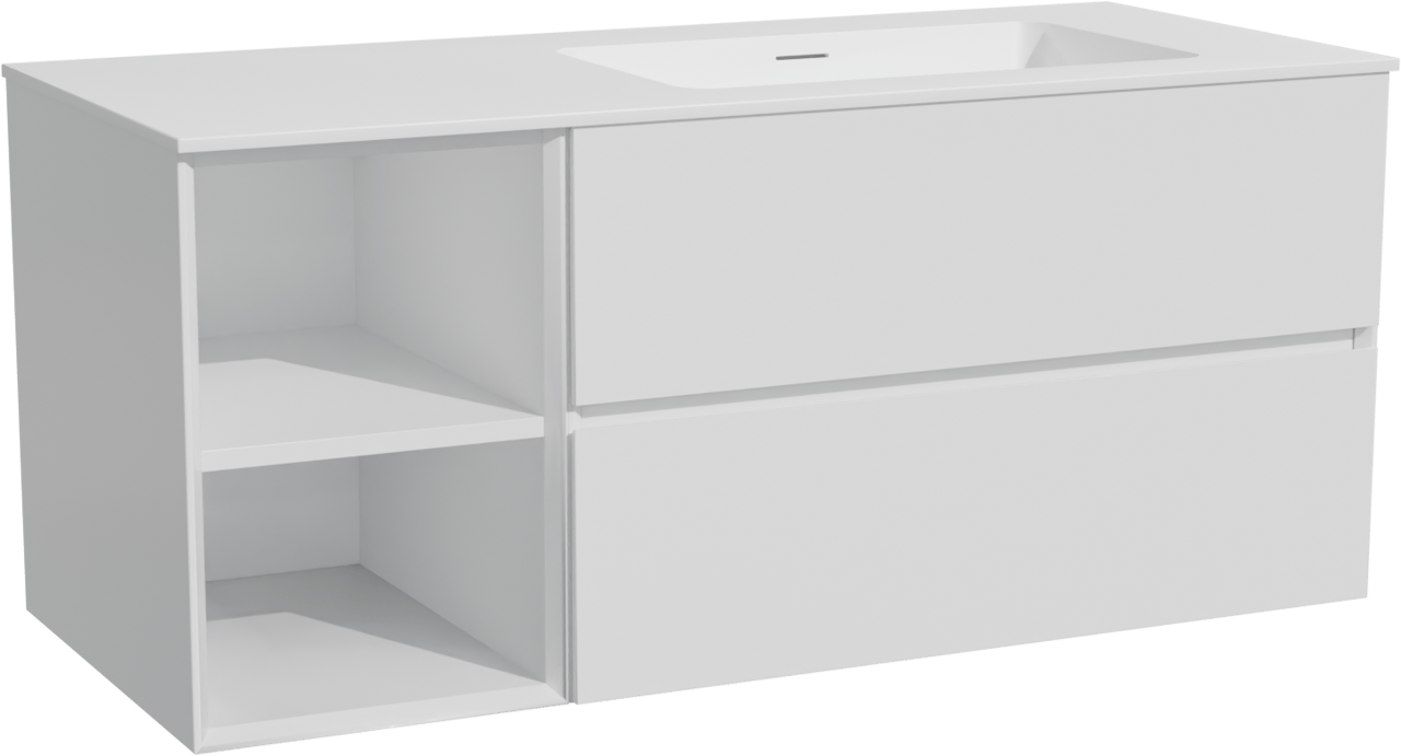 Storke Edge meuble salle de bains suspendu 120 x 52 cm blanc brillant avec Mata plan vasque asymétrique à droite en solid surface blanc mat