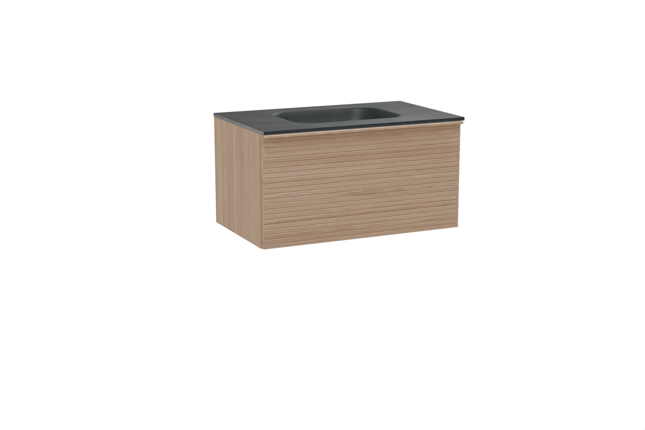 Balmani Forma hängendes Möbelstück Set: 90 x 55 cm, Naturbelassene Eiche, mit Tablo Arcato Einzelwaschtisch, Granit, Schwarzes Granit, Horizontale symmetrische gerade Rippe