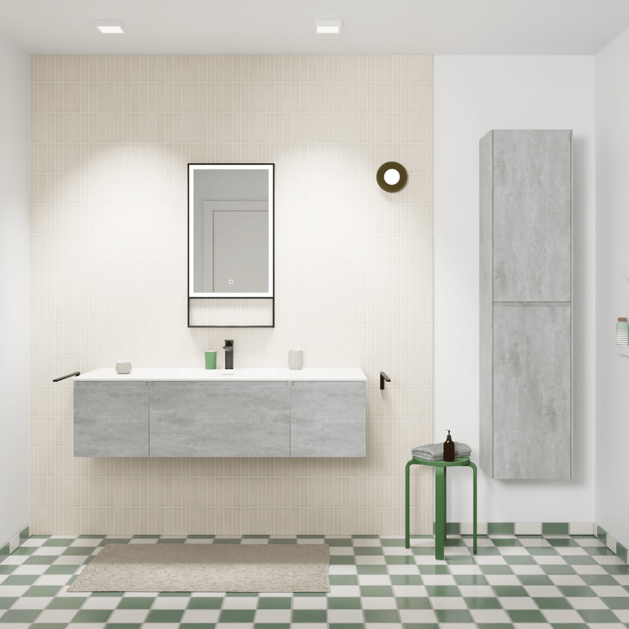 Storke Edge hängendes Möbelstück Set: 135 x 52 cm, Beton dunkelgrau, mit Mata Einzelwaschtisch, Solid Surface Weiß matt