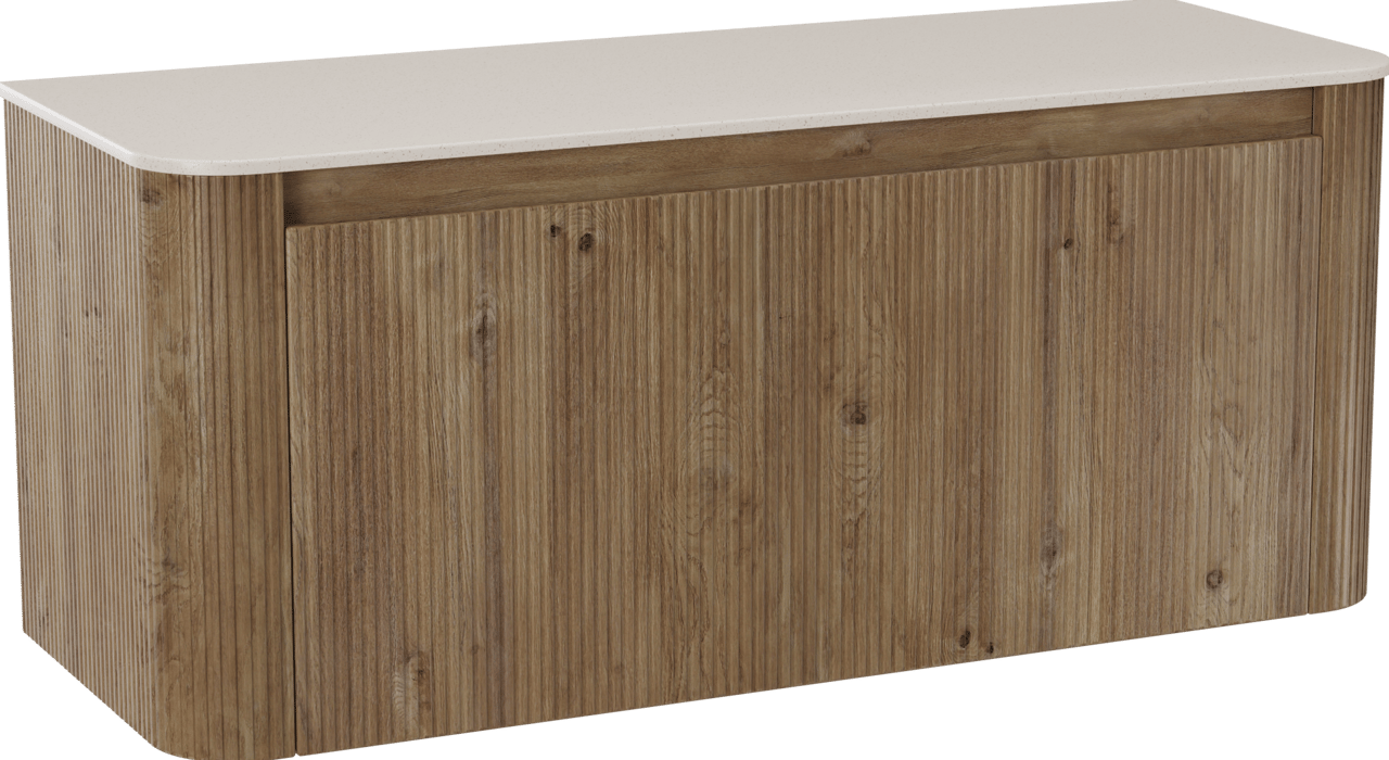 Storke Soft meuble salle de bains suspendu 120 x 46 cm chêne brut avec Tavola Soft tablette simple ou double vasque en Solid Surface beige granite, Nervure droite symétrique verticale