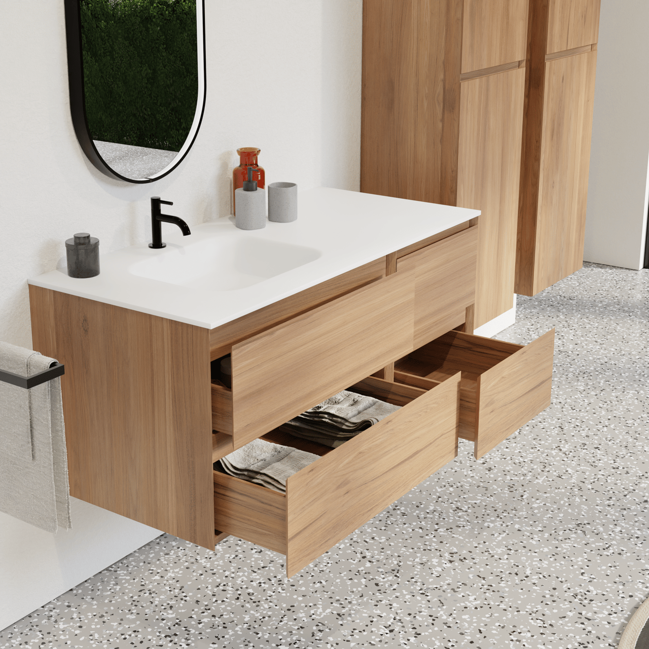 Balmani Mitra hängendes Möbelstück Set: 120 x 55 cm, Teak, mit Tablo Arcato Waschtisch links, Solid Surface Weiß matt