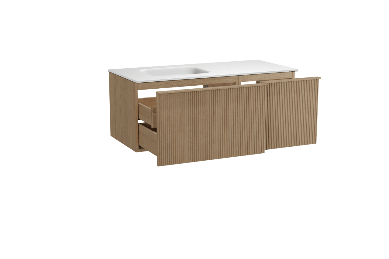 Balmani Forma hängendes Möbelstück Set: 120 x 55 cm, Naturbelassene Eiche, mit Tablo Arcato Waschtisch links, Solid Surface, Weiß matt, Vertikale symmetrische gerade Rippe