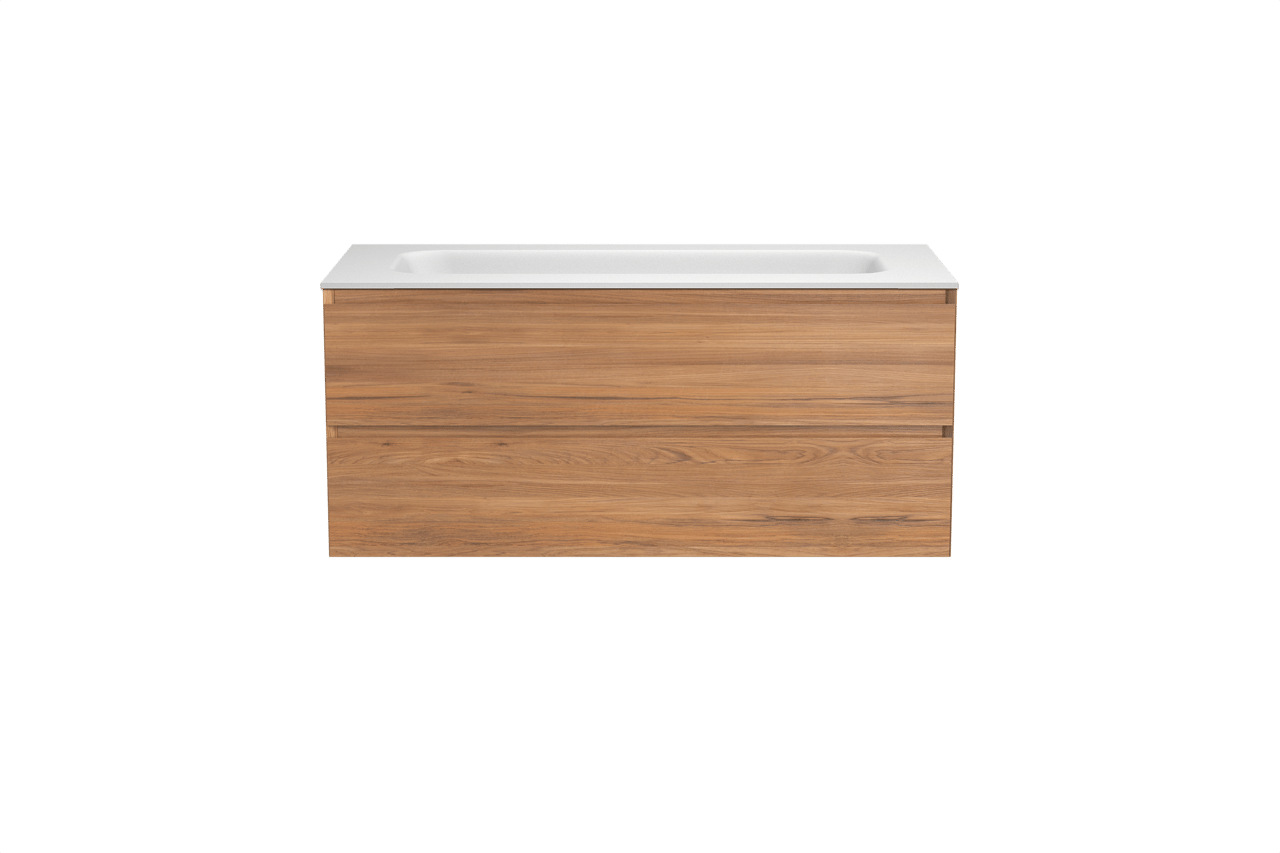 Balmani Mitra hängendes Möbelstück Set: 120 x 55 cm, Teak, mit Tablo Arcato Einzelwaschtisch für 2 Armaturenlöcher, Solid Surface Weiß matt