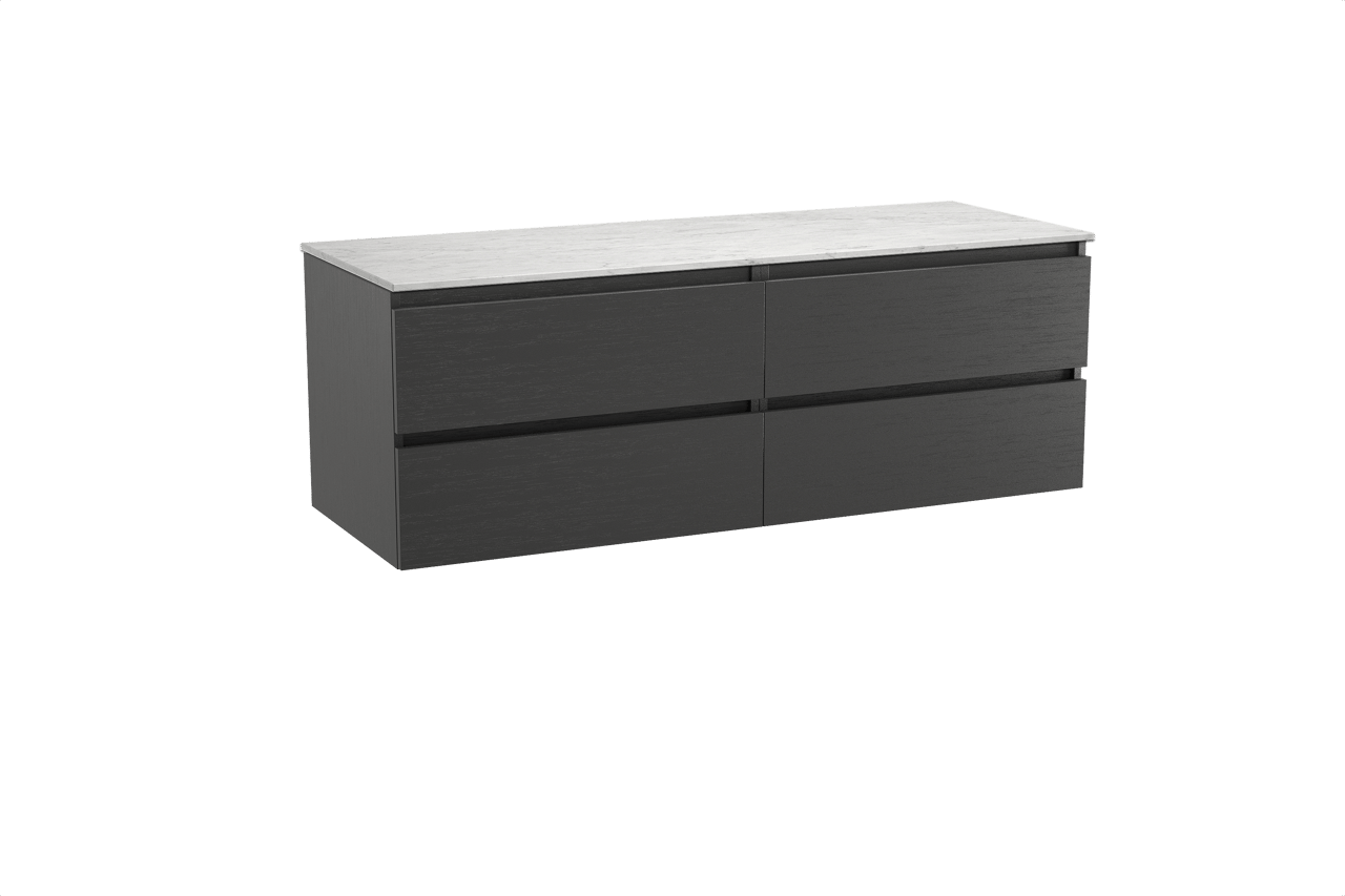 Balmani Lucida hängendes Möbelstück Set: 150 x 55 cm, Schwarze Eiche, mit Stretto Einzel- oder Doppel Waschtischplatte, Marmor Carrara